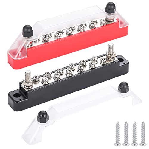 Greluma 12V Bloque de distribución de energía con espárragos terminales 2 x 1/4' (M6) y tornillos terminales 12 x M4 (n.º 8), bloque terminales de barra colectora, barra colectora positiva y negativa