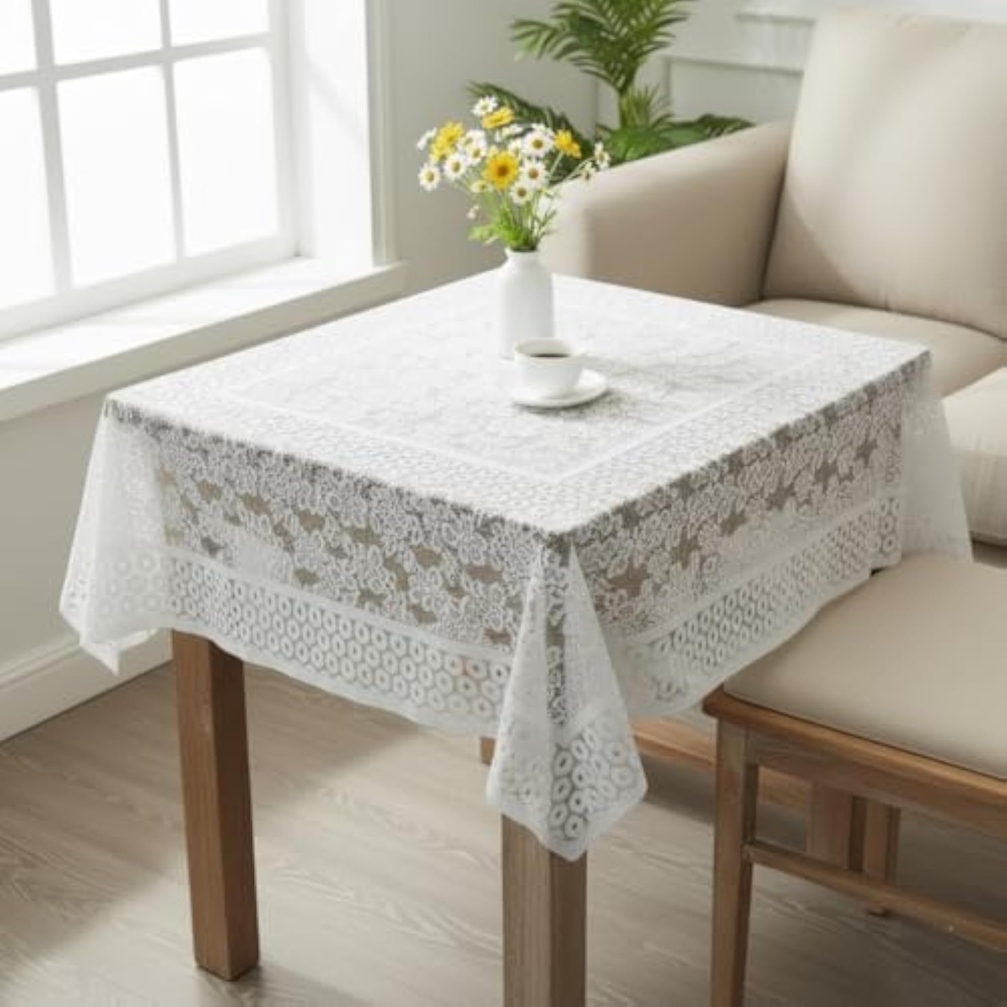 Floral Polycotton Table Cover for 2 Seater, White