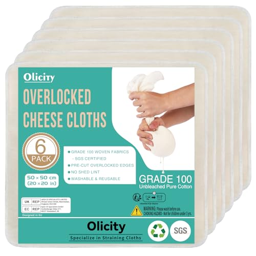 Olicity Passiertuch 6er Set | Premium Overlock-Käsetuch 50x50cm fein gewebt & ungebleicht | Wiederverwendbare Cheesecloth für Käseherstellung & Gelee | Ideal zum Abseihen,Saft auspressen |Baumwollgaze