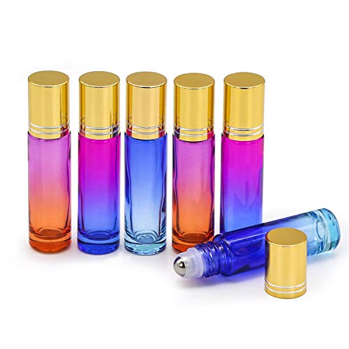 Glass Roller Bottles, Refillable Container for Essential Oils, Aromatherapy, Fragrance, with Bottle Opener and Glass Dropper, Ideal for Home and Travel Use (Gradient 10ml-6 Pack)