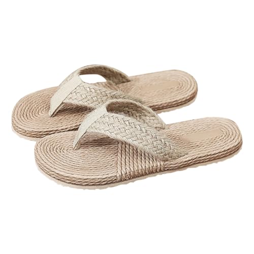 Générique claquette piscine,Tongs Femme Sandales Effet Raphia Tressé Semelles Plates Style Espadrille Simple Décontracté Chaussures Estivales Basses Pour Plage Maison Vacances Loisirs Extérieur