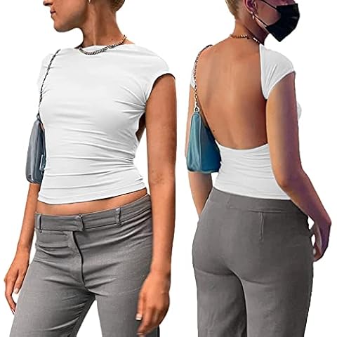 NIBESSER Camiseta Manga Corta Mujer con Espalda Descubierta Camisetas Basicas Mujer Viscosa Backless Top Fiesta Mujer Elegante Cuello Alto Reversible Elastica Suave Cómodo Cover