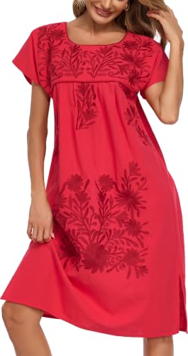 Image of YZXDORWJ Women Mexican Embroidered Long Dress Ruffle Collar Maxi Boho Floral Summer Short Sleeve