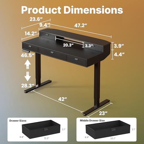 Image of HUANUO 48 x 24 inch Electric Standing Desk with 4 Drawers, Adjustable Height Sit Stand Home Office Desk with Two Tiers, Ergonomic Adjustable Stand up Desk C-Clamp Monitor Mount Compatible, Black