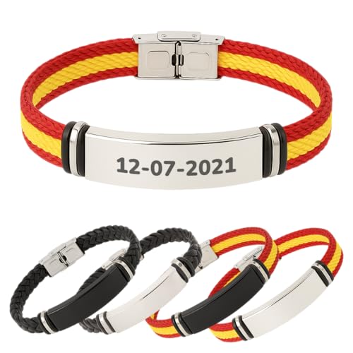 Xusilimo Pulsera Personalizada para Hombre y Mujer con Placa de Acero Inoxidable Negra Grabada, Ideal como Regalo Grabado en Caja de Regalo, Detalle Parejas y Amigos (España plata)