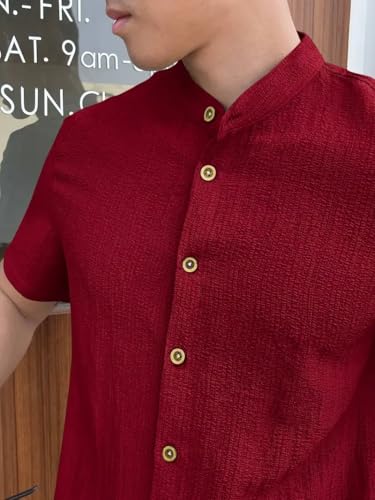 Image of Men's Solid Textured Half Sleeve Shirt with Stylish Buttons | Band Collar Casual Shirt for Summer Wear
