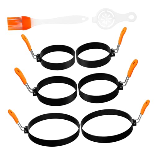 Cabilock 6 Pcs Stainless Steel Egg Rings Cooking Rings with Egg Separator Brush for Pancakes and Breakfast Sandwiches Easy Clean Multi Functional