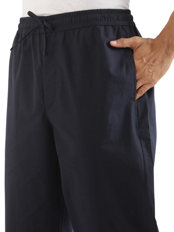 Image of SAADAA Men's 100% Cotton Pants | Mid-Rise Straight Fit Casual Trousers with Elastic Waistband and 3 Pockets | Everyday Wear