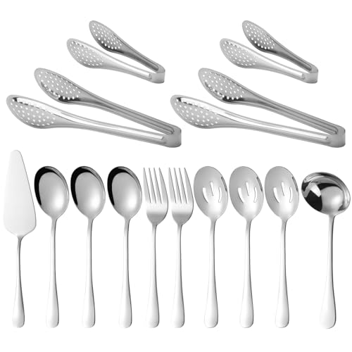 14 PCS Stainless Steel Serving Utensils Set-Serving Spoons,Slotted Spoons, Serving Forks, Serving Tongs,Soup Ladle, Appetizer Tongs, Pie Server for Buffet Catering Entertaining Banquet Party