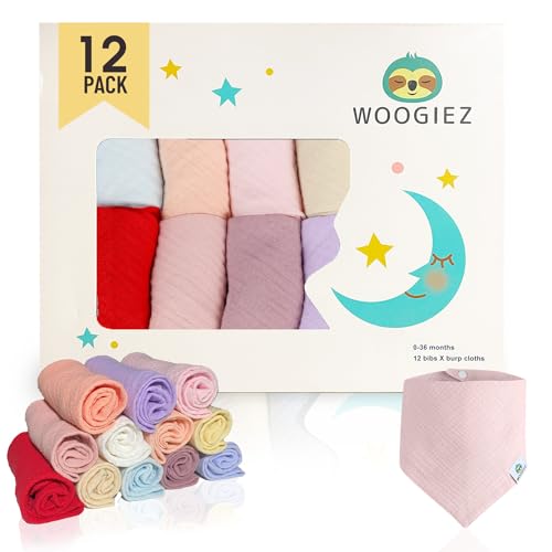 Image of Woogiez Muslin Baby Bibs 12 PACK — Muslin Bibs; 100% Cotton Bandana Bibs; Boys, Girls — Newborn Bibs for Teething & Drooling