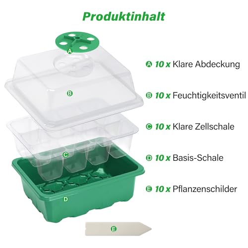 Bonviee Zimmergewächshaus Anzuchtkasten anzuchttöpfe, 10 Stück 120 Zellen Mini Gewächshaus Klein Anzuchtset Anzuchtplatte Anzuchtschale mit Belüftung und Bruchsicherer Deckel für Sämling Pflanze, Grün