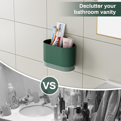 Green Toothbrush Holders for Bathrooms, Plastic Kids Tooth Brush Holder with Drainage and Drip Tray, Cute Shower Toothpaste Holder Stand Organizer Caddy Wall Mount & Countertop Accessories Decor - Cosy Home Interiors Green Toothbrush Holders for Bathrooms, Plastic Kids Tooth Brush Holder with Drainage and Drip Tray, Cute Shower Toothpaste Holder Stand Organizer Caddy Wall Mount & Countertop Accessories Decor - Image 4