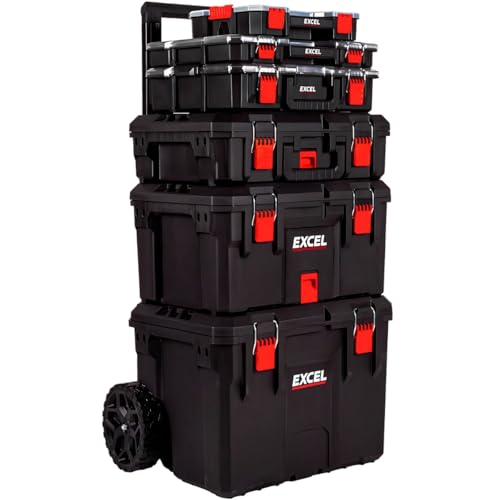 Excel Modular Tool Box Set 6 Piece Heavy Duty Mobile Storage System with Organizer Drawers Stackable Units & Durable Wheels for Tools Garage DIY Construction Workshop