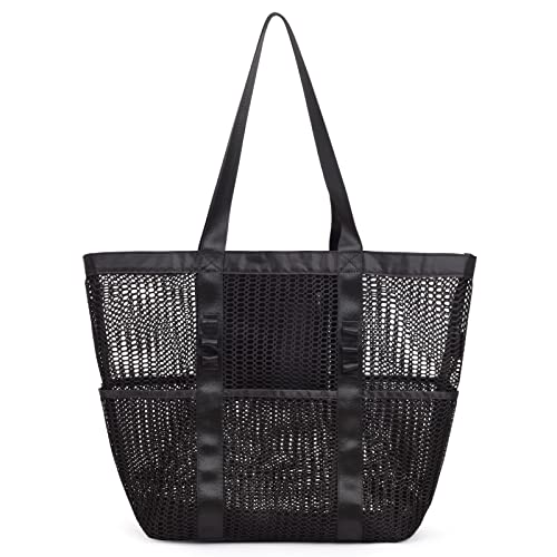 Tainehs Bolsa grande de malla para la playa 2022 para mujer con múltiples bolsillos para ir de compras familiares, viajes, piscina, bolsa impermeable para piscina, color negro, Negro, Large
