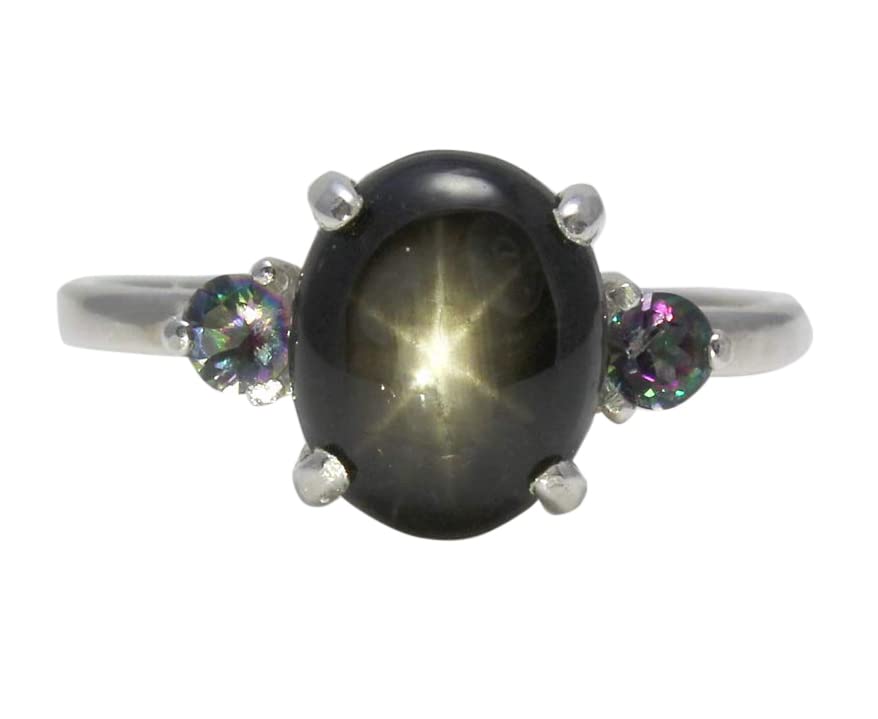 Genuine Black Star Sapphire Sterling Silver 925 Ring With Mystic Topaz/Oval-Shaped