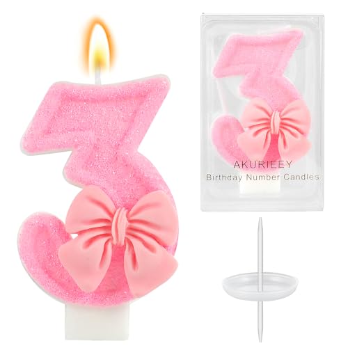 AKURIEEY Pink 3rd Birthday Candle Bow Numbers 3