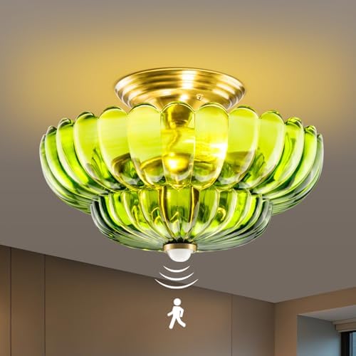 Semi Flush Mount Ceiling Light with Motion Sensor, 2-Bulb & 12 Inch Outdoor Indoor Glass Vintage Ceiling Light Fixture for Porch, Garage, Covered Patio, Hallway, Stairwell, Bulb Not Included - Green