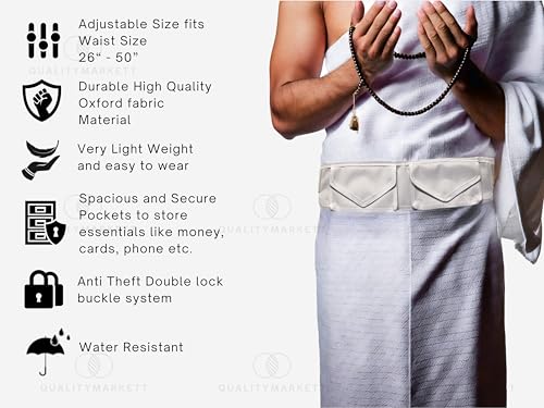 Premium Ihram Belt for Hajj & Umrah, Comfortable Pilgrim Waist Belt with Secure Zippered Pockets for Documents and Phones, Adjustable Waist Size 26’’-50’’ Inches Anti Theft Double Lock Buckle3