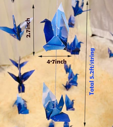Image of Space Crane Paper Hanging Garlands (3stringsX 5.2ft), Romantic Starry Sky Origami Birds Streamers, Blue Planet Garland for Baby Shower Birthday Party Supplies Boy Bedroom Garden Decor