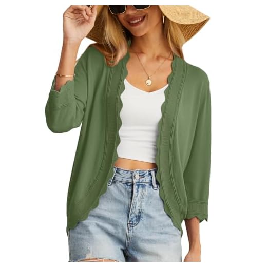 GRECERELLE Cardigan décontracté à manches 3/4 pour femme, pull ample et fluide à volants en tricot, boléro à porter avec des robes, vert militaire, L