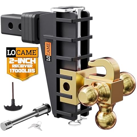 LOCAME Adjustable Trailer Hitch with Hook, Tri-Ball (1-7/8", 2", 2-5/16") Drop Hitch, Fits 2 Inch Receiver, 6" Drop Down Hitch, 17000 LBS Heavy Duty Truck, Solid Ball Mount, Gold, LC0084 Cover