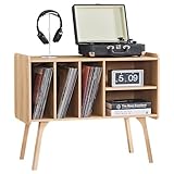 LELELINKY Natürlich Plattenspieler Ständer mit 4 Schrank hält bis zu 220 Alben, große Plattenspieler Ständer mit Soild Holz Beine, Mid-Century Plattenspieler Tisch