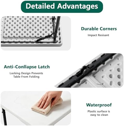 Folding Table 1 Pack, 4FT Folding Table with Adjustable Height, Heavy Duty Plastic Foldable Table Portable, Steel Legs Supports to 300lbs, Suitable for Party, Camping, Events Indoor&Outdoor Use, White - 5