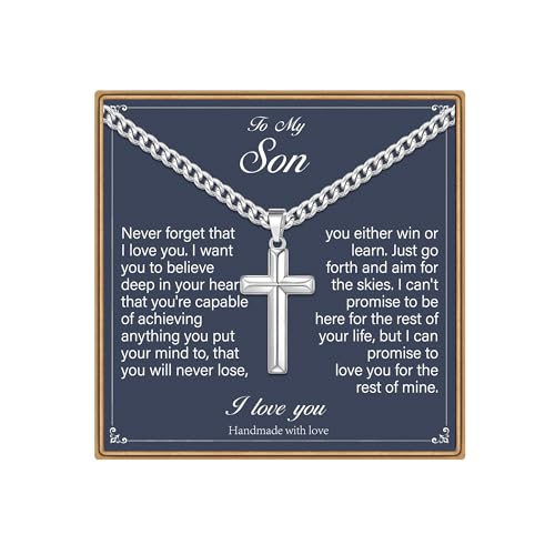 IEFLIFE Cross Necklaces Gifts - Cross Necklaces Gifts for Men Him, Silver Cuban Link Chain Stainless Steel Cross Necklace Jewelry Anniversary Birthday Gift for Dad Husband Son Grandson Gift