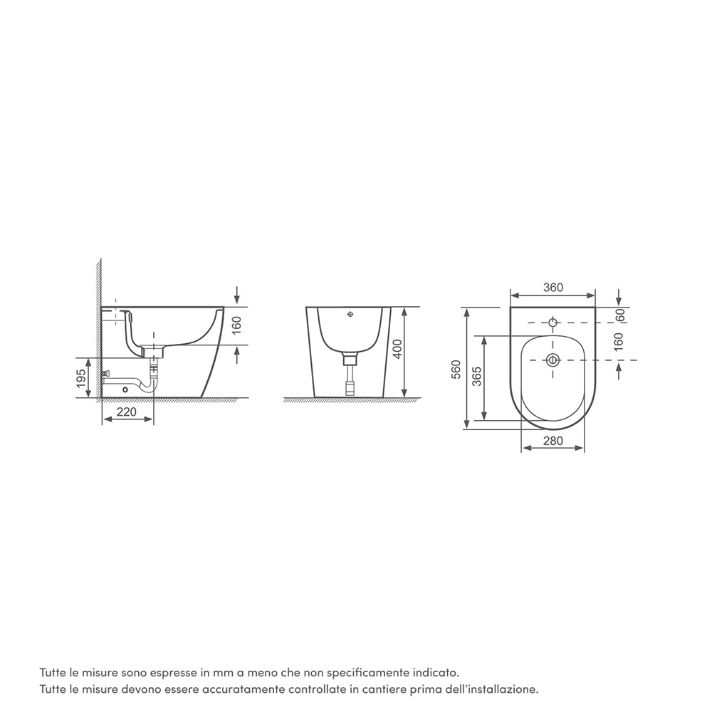Sanitaria filomuro de cerámica blanca brillante jarrón sin rimless con tapa de inodoro suave de cierre y bidé Mod. Europa