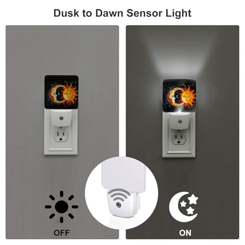 Image of Golden Sun Night Light Set of 2, Moon and Stars Auto Sensor LED Dusk-to-Dawn Nightlights, Plug-in Sensor Lamp for Bedroom Bathroom Kitchen Hallway Stairs Decorative
