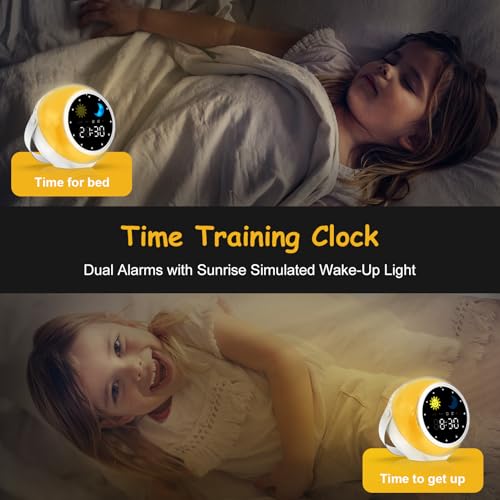 Kids Alarm Clock for Bedroom: Ok to Wake Clock with Sunrise & Moon, Digital White Noise Sound Machine & Night Light for Toddlers/Girl/Boy, Ideal Decor & Sleep Trainer (Adjustable)