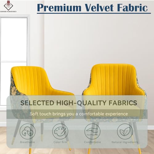 Image of Set of 2 Accent Chair for Living Room | Modern Armchair in Soft Velvet Fabric with Sturdy Legs | Premium Chair for Home Living Room Bedroom Restaurent | (Dual Fabric, Yellow)