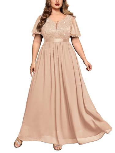 MISSMAY Women's Plus Size Sequin Lace V Neck Formal Wedding Guest Chiffon Maxi Dress