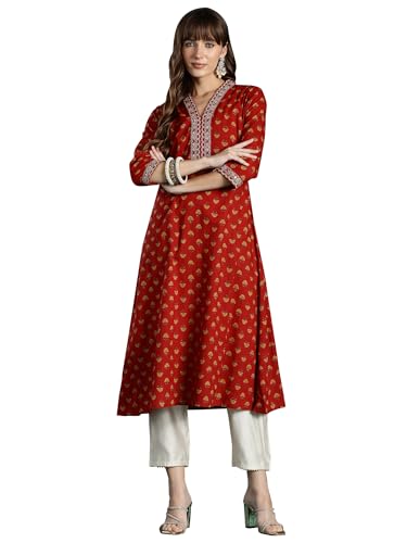 Image of INDO ERA Women's Cotton Regular Fit A-Line Ethnic Motifs Embroide Kurta (KT0RD10052)