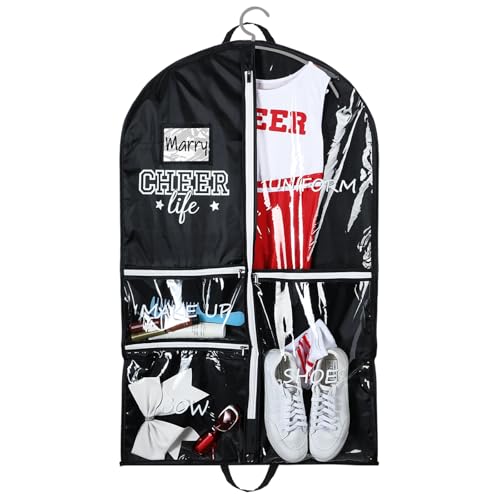 Blushtier Cheer Garment Bags for Cheerleading Uniform For Cheer Mom Waterproof Hanging Garment Bag for Dance Costumes 40 Inch Clothes Bag with 5 Pocket Travel Side Zip Storage Uniform(Black,White)