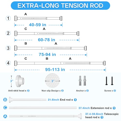 Image of Tension Curtain Rod White Tension Rod 40 to 113 Inch Spring Curtain Rods Non Slip Tension Rods 1pcs For Windows No Drilling Adjustable Tension Rods of Curtains Window Closet Kitchen Wardrobe
