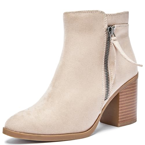 Ruiee Women's Ankle Boots Chunky Heeled Booties Classic Casual Comfortable Fall Winter Pointed Closed Toe Short Boots for Women.240978 Beige MF UKSize6.5