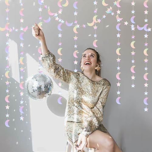 Image of Iridescent Disco-Holographic Party-Decorations Moon-Star Garland - 62Ft Twinkle Little Star Hanging Neon Streamers Banner,Eid Ramadan Mubarak Decoration Birthday Wedding Baby Shower Decor Panduola