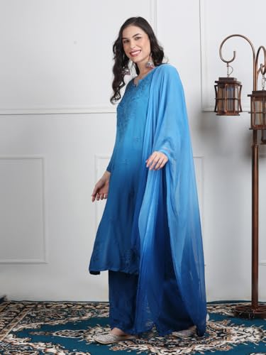 Image of Women's Lucknowi Chikankari Hand-Embroidered Rayon Dyed Kurta, Palazzo & Dupatta 3-Piece Set | Festive, Ethnic & Casual Suit