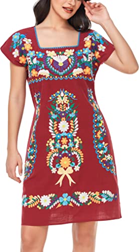 Image of YZXDORWJ Women Mexican Embroidered Dress Ruffle Collar Sleeveless