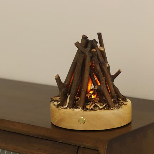 Image of Small Cozy Fireplace Lantern Traditional Realistic Log Wood Burning Flame Effect Ligh LED Charcoal Style Table LampFor Indoor & Outdoor Use