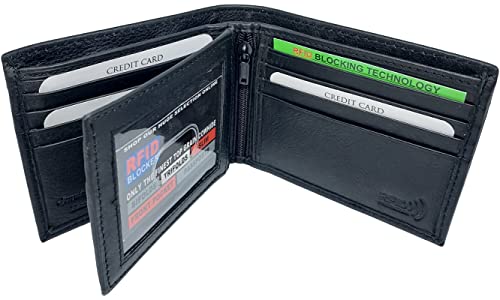 Paul & Taylor Mens RFID Protected Genuine Leather BiFold Wallet Center ID Flap 12 Credit Card Slots 3 Hidden Pocket 2 Zipper Compartment Divided Currency Compartment Key Holder #208 (Black), (P51208)3