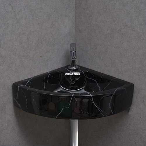 Image of REMOTION Ceramic Wall Hung Corner Wash Basin for Bathroom | Wall Mounted Corner Sink (20.4 x 15 x 6 Inch) (Black White Stripe)