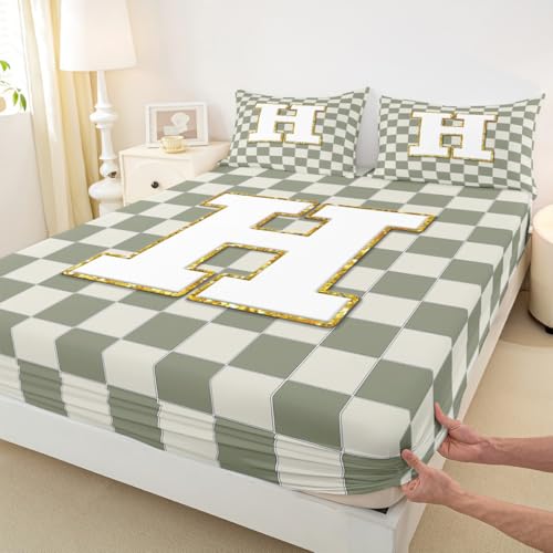 Image of Erosebridal Sage Green Checkered Sheet Set Queen Plaid Initial H Bed Sheets Personalized Monogram Bedding for Kids Boys Girls,Fashion Grids Gingham Bed Sheets Set 4 Piece