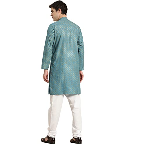 Image of SOJANYA (Since 1958 Men's Cotton Linen Blue Foil Printed Kurta and White Pyjama Set