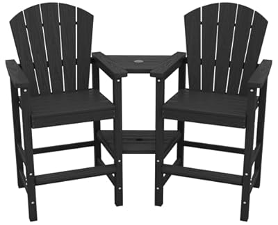 SERWALL Tall Adirondack Chairs Set of 2 with Double Layer Connecting Tray, HDPE Bar Height Outdoor Chairs, Wood-Like Adirondack Bar Stools for Patio, Balcony, Porch, Black