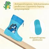Aomig Dziecięce kalosze przeciwdeszczowe dla dzieci, wodoodporne i antypoślizgowe buty z regulowanym sznurkiem na kołnierzu, lekki but wodny, Niebieski dinozaur, 26/27 EU