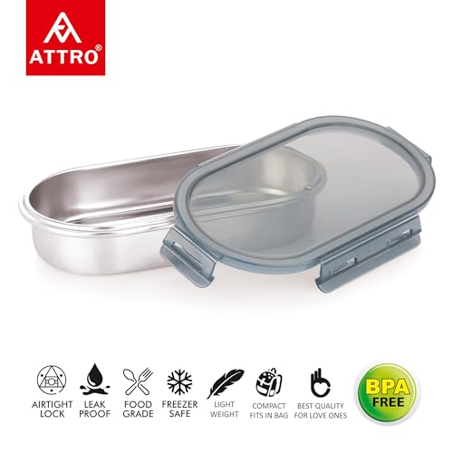 Image of Attro Steelox Oval Stainless Steel Container with Plastic Seal Lid BPA Free Food Grade Leak-Proof Ideal for School, Office & Outdoor Lunch Pack - 540ml Grey