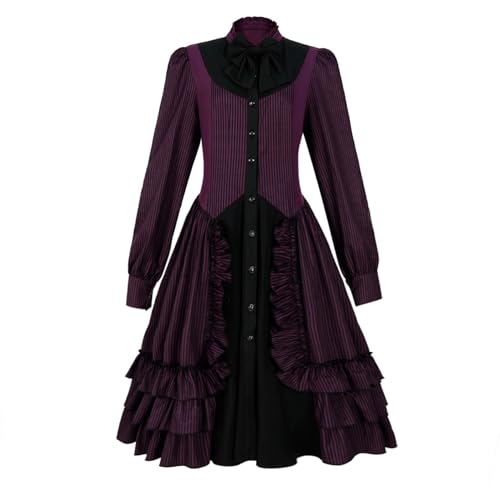 Women Girls Gothic Lolita Victorian Dress Polyester Ruffle Dress with Bows (M Purple)