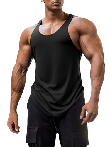FITMENS Mens Workout Tank Tops Fitness Bodybuilding Sleeveless Gym Muscle Stringer Shirts Black